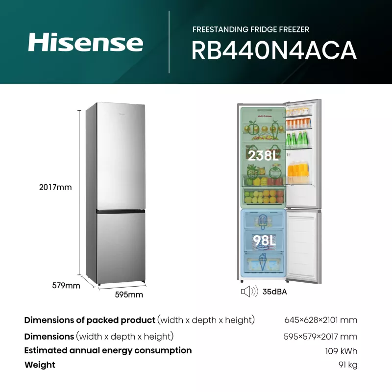 Hisense RB440N4ACA eraldiseisev 336 L roostevaba teras