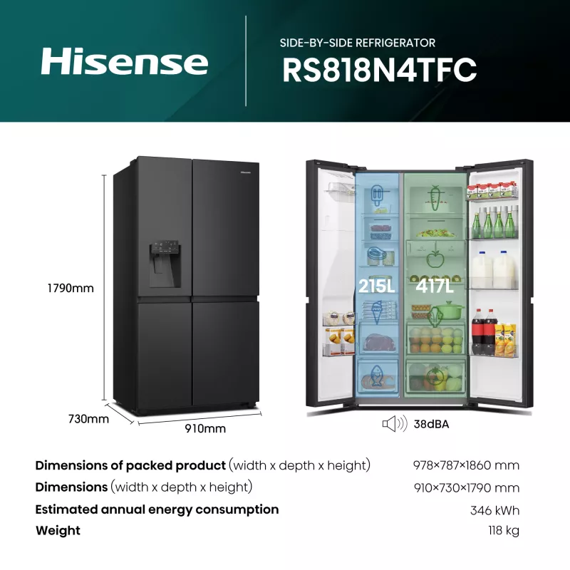 Hisense RS818N4TFC kõrvuti külmik eraldiseisev 632 L must, roostevaba teras