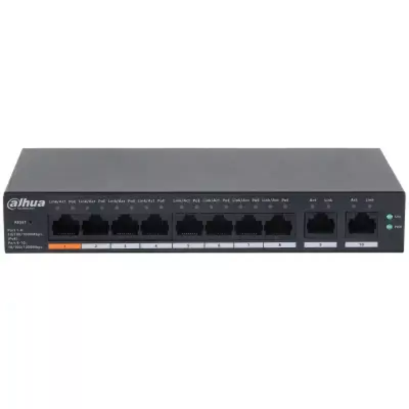 Hallatav L2 Gigabit PoE lüliti DAHUA CS4010-8GT-60 — 10x Gigabit (10/100/1000), 20 Gbit/s, 8000 MAC, Laua-/Seinale paigaldatav, Must