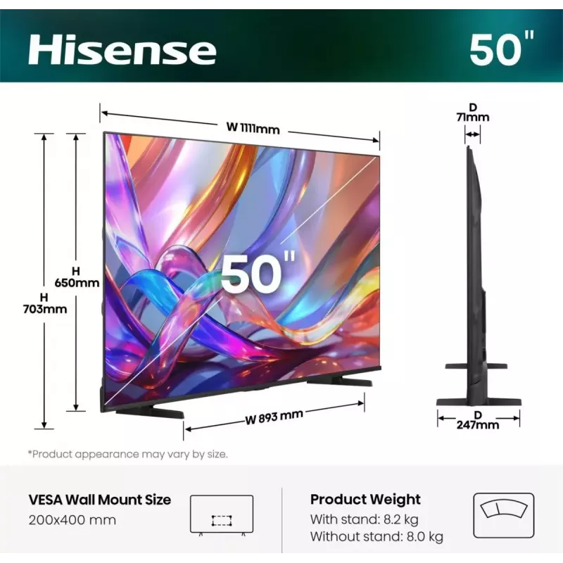 TV Hisense 50Q7S 50 tolli (127 cm) QLED 4K Ultra HD Smart TV, Direct-LED, HomeOS, Wi‑Fi, must