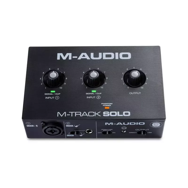 Heliliides M-Audio M-Track Solo — USB 16-bit/48 kHz, 1-sisend/1-väljund, XLR/TRS-kombo- ja instrumendisisend, 48 V fantoomtoide, kõrvaklapiväljund