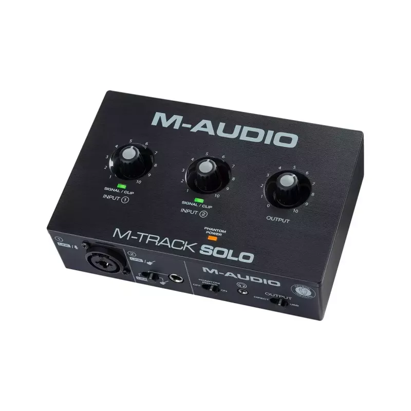Heliliides M-Audio M-Track Solo — USB 16-bit/48 kHz, 1-sisend/1-väljund, XLR/TRS-kombo- ja instrumendisisend, 48 V fantoomtoide, kõrvaklapiväljund
