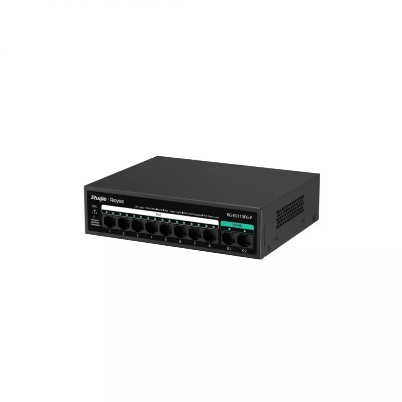 RUIJIE haldamata PoE-lüliti RG-ES110FG-P — 10-pordine gigabitine (10/100/1000) koos 1 SFP-ga, 120 W, 20 Gbps kommutatsioon
