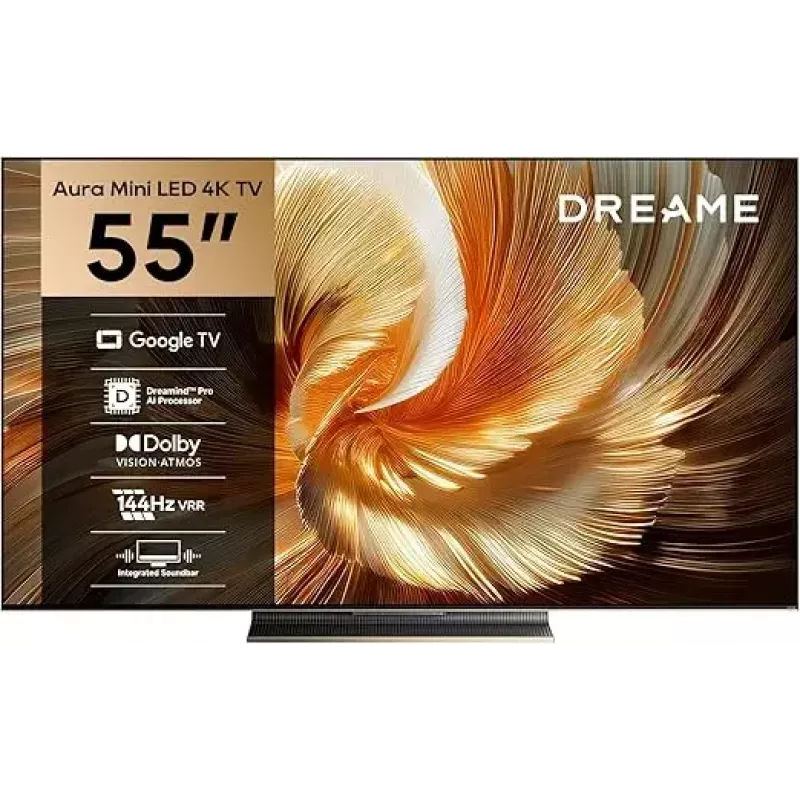 Nutiteler Dreame Aura S100 55-tolline, QLED+ (Mini Led), 4K UHD, Google TV, 144Hz, AI protsessor, integreeritud heliriba, must