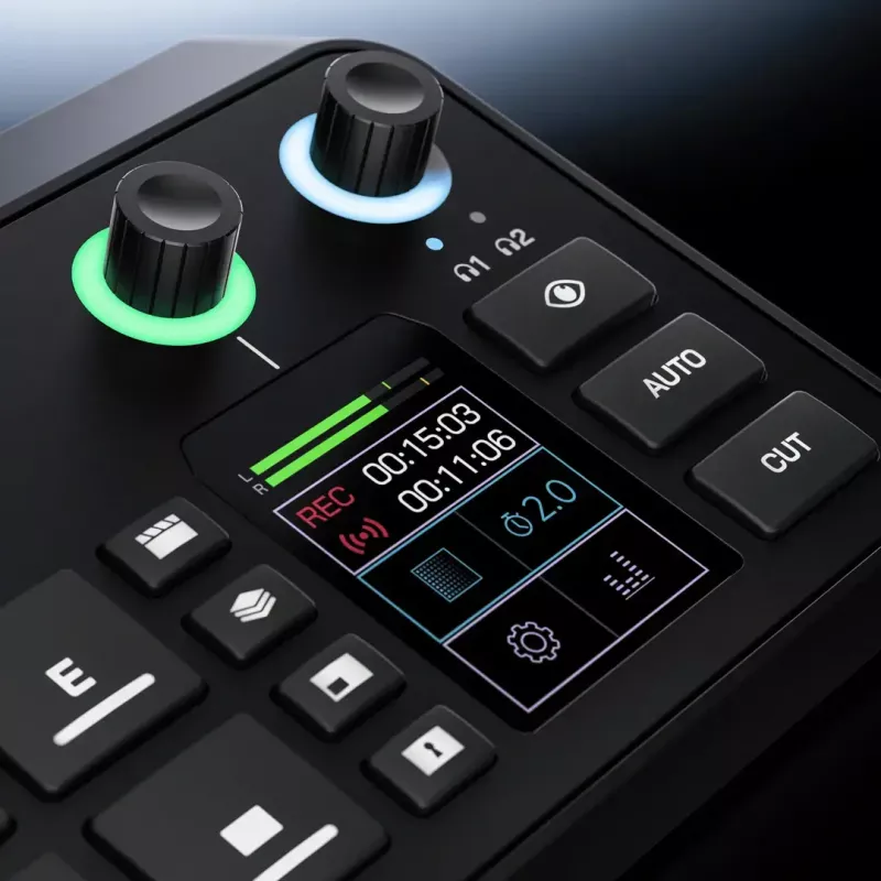 Mitmekanaliline taskuhäälingu- ja otseülekande tootmiskonsool Rode RodeCaster Video S RCVS-E — puuteekraan, Wi‑Fi, Bluetooth 5.3, 5x USB-C, 3x HDMI-sisend, 1x HDMI-väljund, microSD