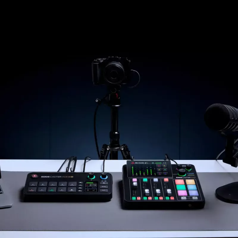 Mitmekanaliline taskuhäälingu- ja otseülekande tootmiskonsool Rode RodeCaster Video S RCVS-E — puuteekraan, Wi‑Fi, Bluetooth 5.3, 5x USB-C, 3x HDMI-sisend, 1x HDMI-väljund, microSD