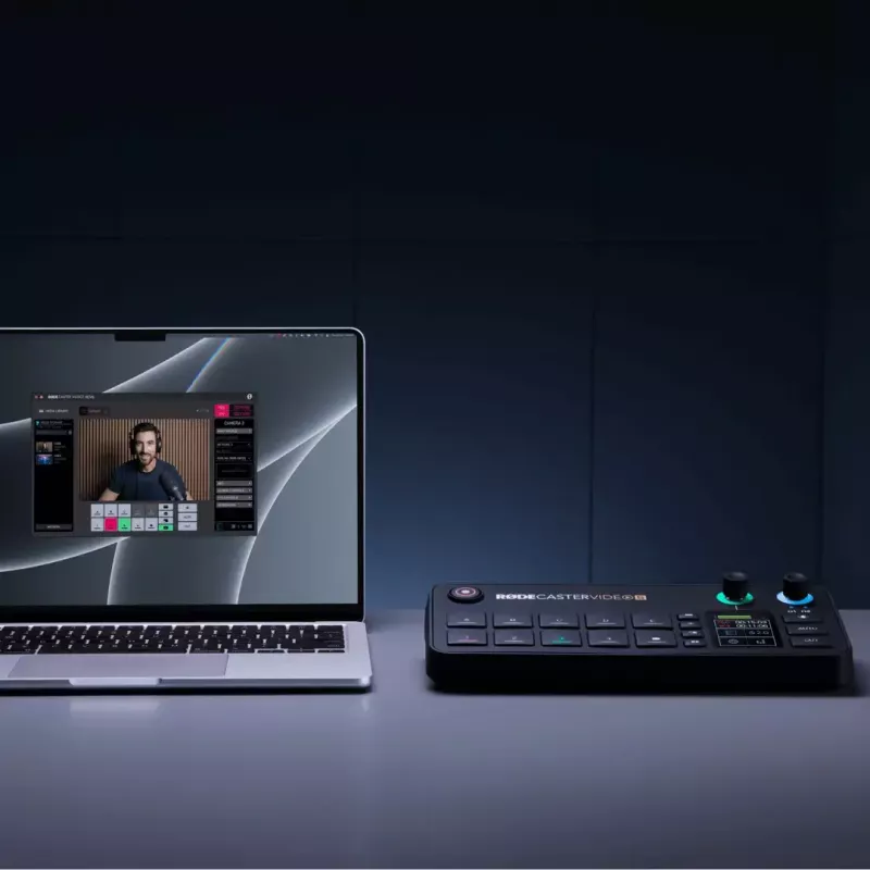 Mitmekanaliline taskuhäälingu- ja otseülekande tootmiskonsool Rode RodeCaster Video S RCVS-E — puuteekraan, Wi‑Fi, Bluetooth 5.3, 5x USB-C, 3x HDMI-sisend, 1x HDMI-väljund, microSD