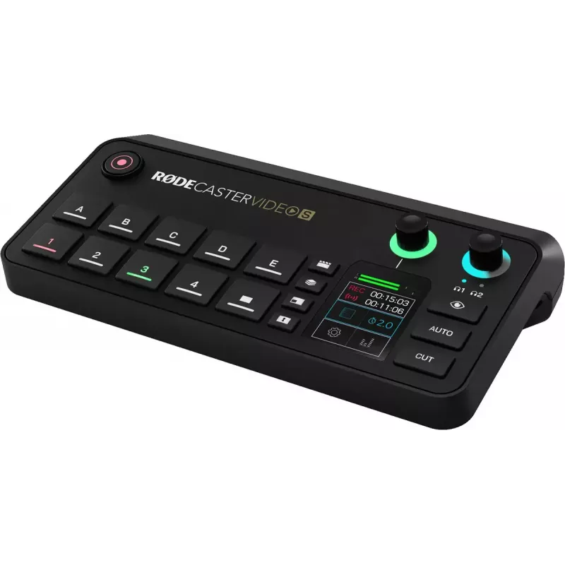 Mitmekanaliline taskuhäälingu- ja otseülekande tootmiskonsool Rode RodeCaster Video S RCVS-E — puuteekraan, Wi‑Fi, Bluetooth 5.3, 5x USB-C, 3x HDMI-sisend, 1x HDMI-väljund, microSD