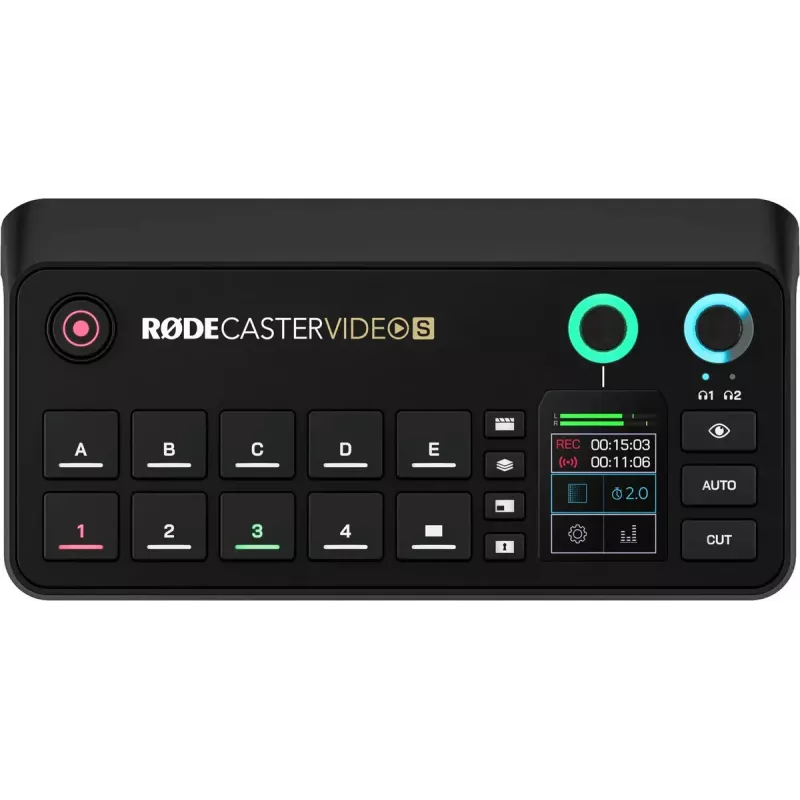 Mitmekanaliline taskuhäälingu- ja otseülekande tootmiskonsool Rode RodeCaster Video S RCVS-E — puuteekraan, Wi‑Fi, Bluetooth 5.3, 5x USB-C, 3x HDMI-sisend, 1x HDMI-väljund, microSD