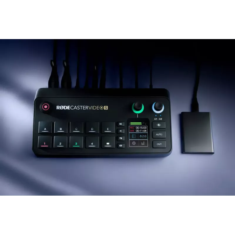 Mitmekanaliline taskuhäälingu- ja otseülekande tootmiskonsool Rode RodeCaster Video S RCVS-E — puuteekraan, Wi‑Fi, Bluetooth 5.3, 5x USB-C, 3x HDMI-sisend, 1x HDMI-väljund, microSD