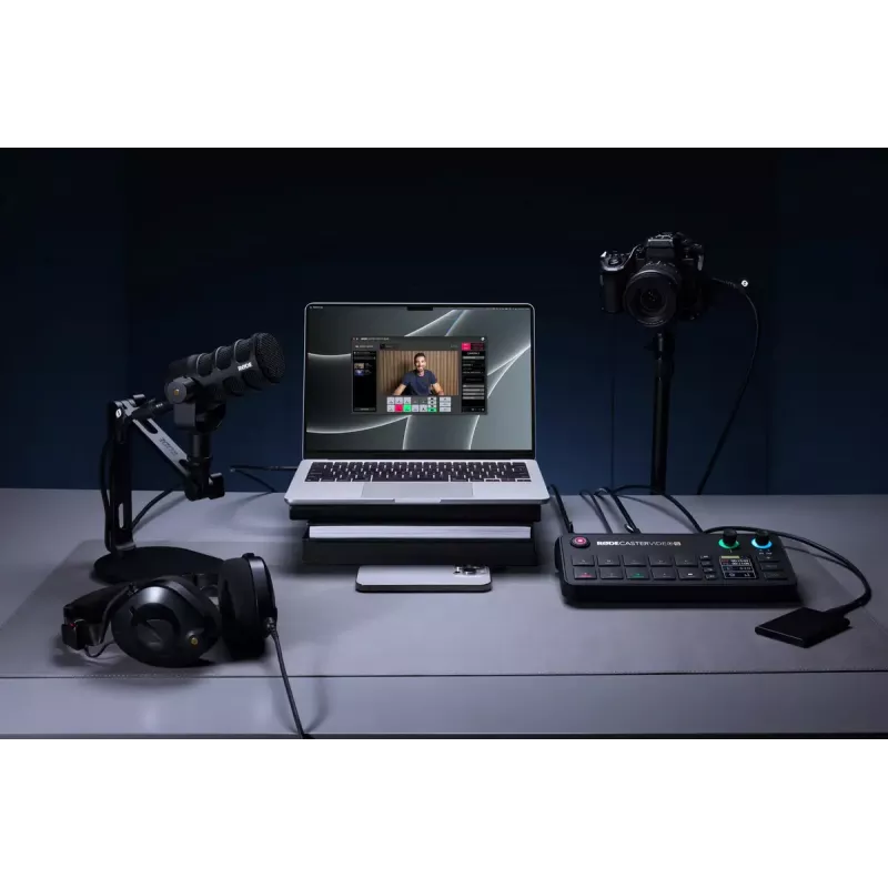 Mitmekanaliline taskuhäälingu- ja otseülekande tootmiskonsool Rode RodeCaster Video S RCVS-E — puuteekraan, Wi‑Fi, Bluetooth 5.3, 5x USB-C, 3x HDMI-sisend, 1x HDMI-väljund, microSD