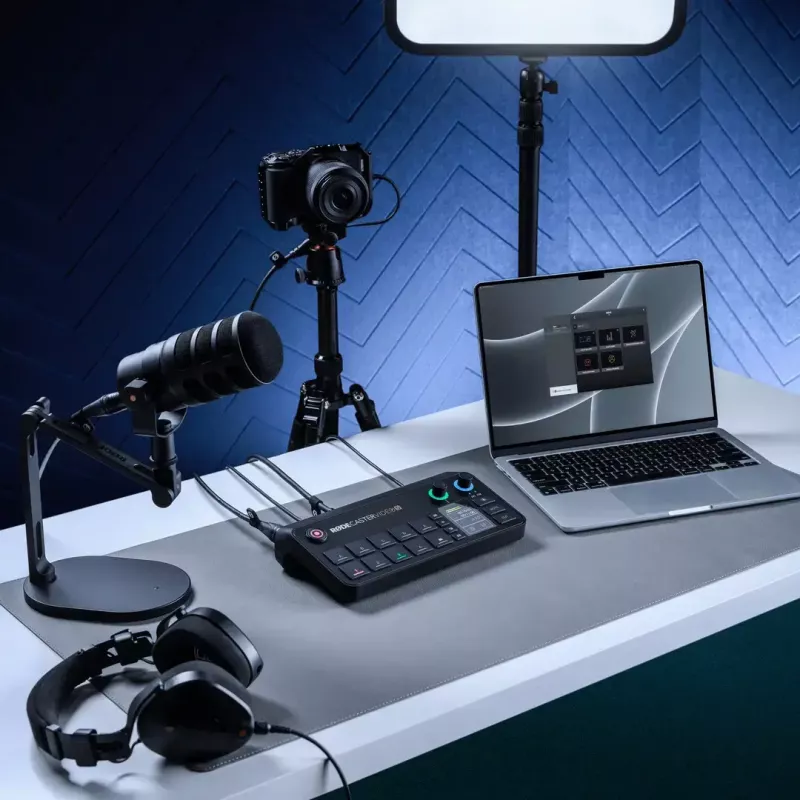 Mitmekanaliline taskuhäälingu- ja otseülekande tootmiskonsool Rode RodeCaster Video S RCVS-E — puuteekraan, Wi‑Fi, Bluetooth 5.3, 5x USB-C, 3x HDMI-sisend, 1x HDMI-väljund, microSD