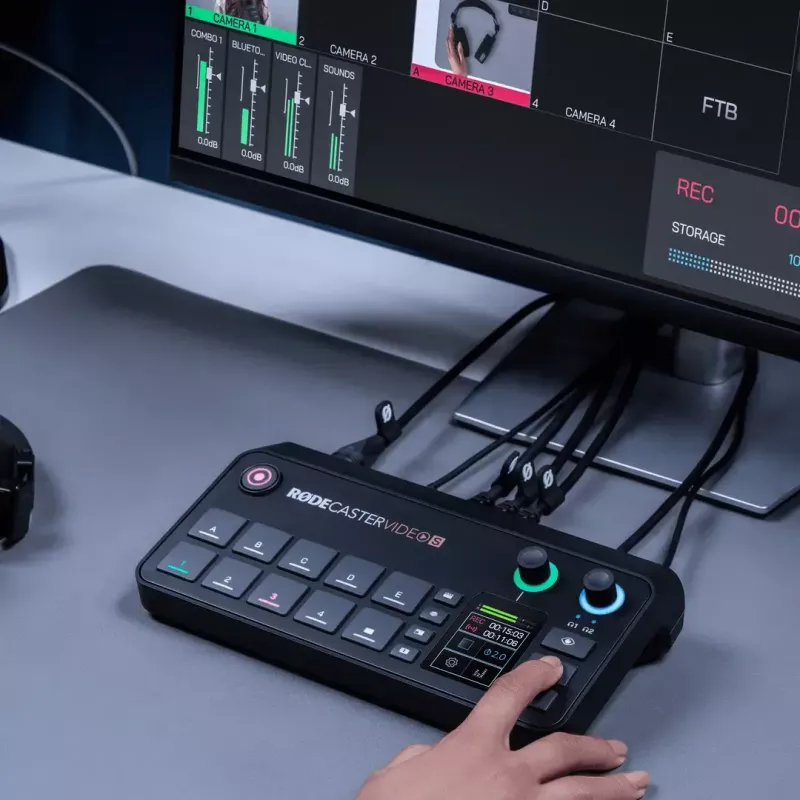 Mitmekanaliline taskuhäälingu- ja otseülekande tootmiskonsool Rode RodeCaster Video S RCVS-E — puuteekraan, Wi‑Fi, Bluetooth 5.3, 5x USB-C, 3x HDMI-sisend, 1x HDMI-väljund, microSD