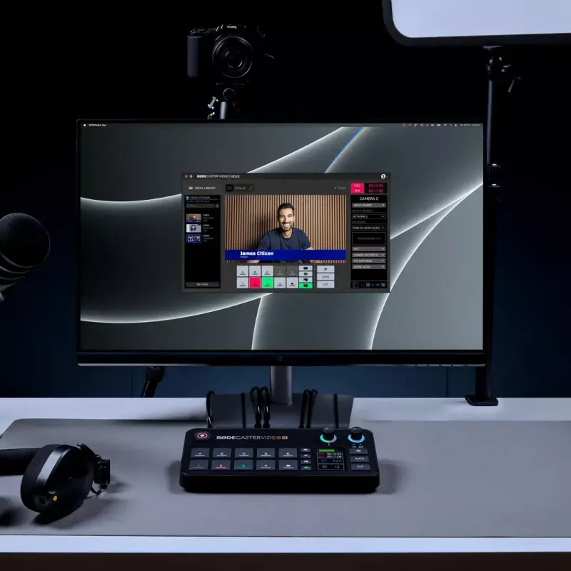 Mitmekanaliline taskuhäälingu- ja otseülekande tootmiskonsool Rode RodeCaster Video S RCVS-E — puuteekraan, Wi‑Fi, Bluetooth 5.3, 5x USB-C, 3x HDMI-sisend, 1x HDMI-väljund, microSD