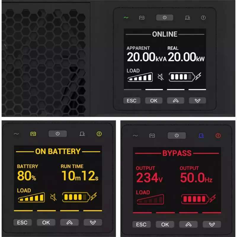 APC Smart-UPS On-Line, 15kVA/15kW, Rack/Torn, 230V/380V...415V, Juhtmega 5-juhtmeline(3P+N+E)+3-juhtmeline(1P+N+E), Võrgukaart, Ilma siinikomplektita