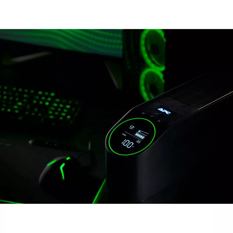 APC Back-UPS Pro mängimiseks, 2200VA/1320W, torn, 230V, 2x UK ja 2x IEC C13 pistikupesa, RGB-tuled, puhas siinuslaine, kesköö (must)