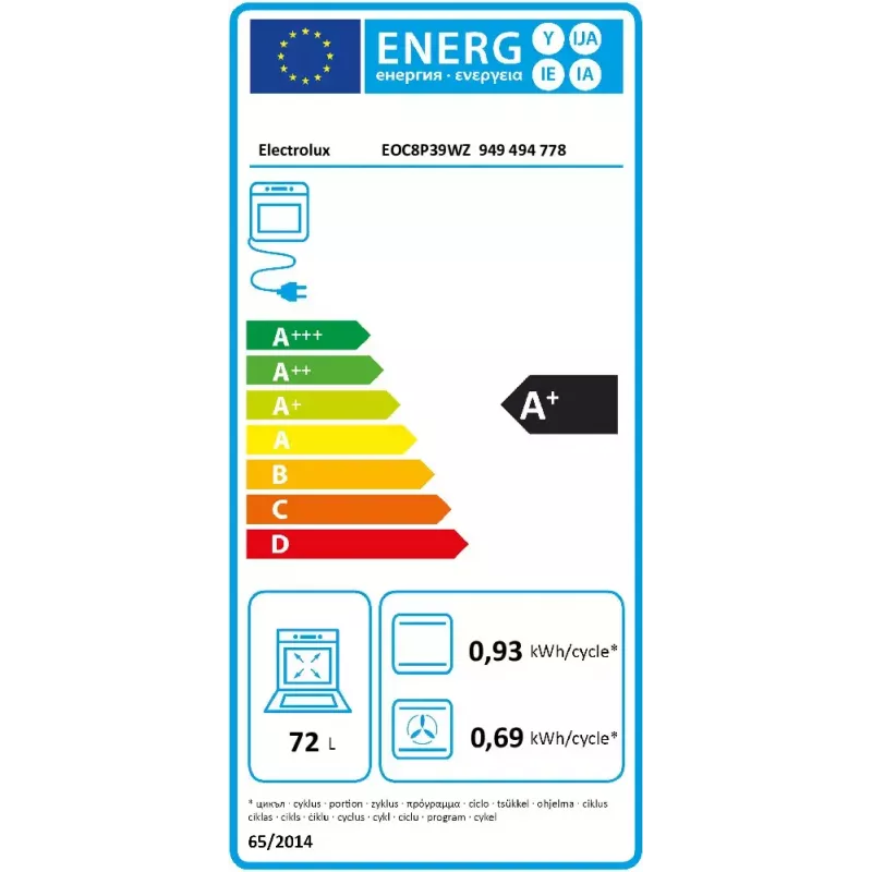 Sisseehitatav elektriahi Electrolux EOC8P39WZ — 72 L, pürolüütiline isepuhastus, aur, grill, konvektsioon, must