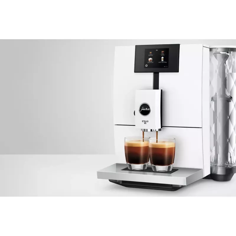 Espressomasin JURA ENA 8 (EC) — täisautomaatne, 1,1 L veepaak, 125 g oakaamel, 15 programmi, 15 baari, termoplokk, Wi‑Fi, valge