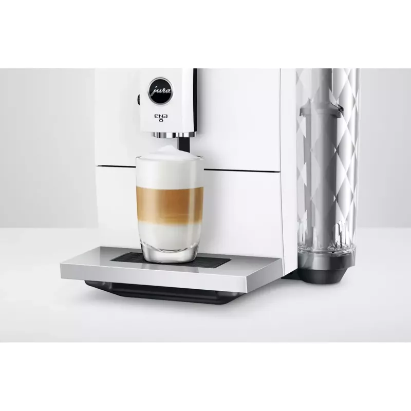 Espressomasin JURA ENA 8 (EC) — täisautomaatne, 1,1 L veepaak, 125 g oakaamel, 15 programmi, 15 baari, termoplokk, Wi‑Fi, valge