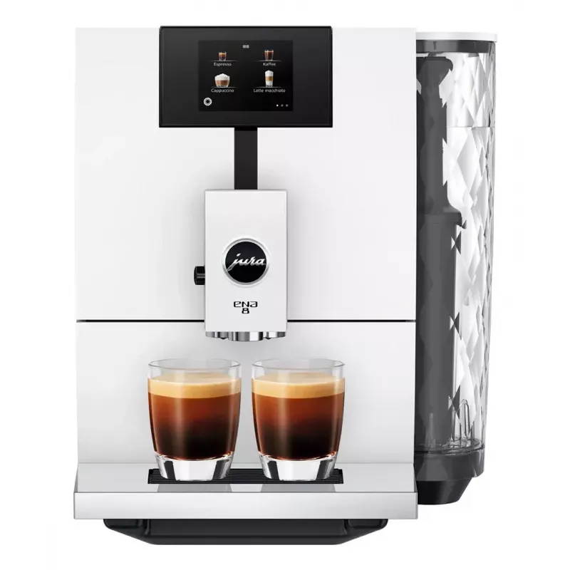 Espressomasin JURA ENA 8 (EC) — täisautomaatne, 1,1 L veepaak, 125 g oakaamel, 15 programmi, 15 baari, termoplokk, Wi‑Fi, valge