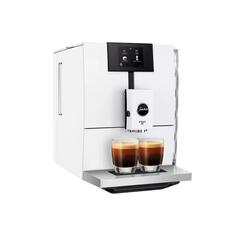 Espressomasin JURA ENA 8 (EC) — täisautomaatne, 1,1 L veepaak, 125 g oakaamel, 15 programmi, 15 baari, termoplokk, Wi‑Fi, valge