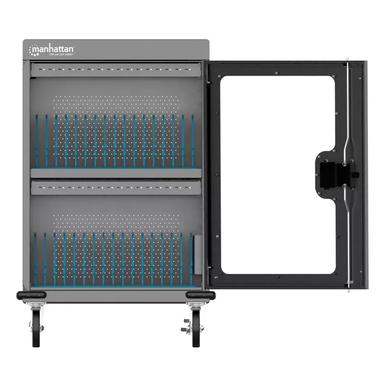 Manhattan iPad kuni 13 tolli, MacBook Air kuni 15 tolli ja Chromebook 15,6 tolli 32 pesaga laadimiskäru/-vanker USB-C kaudu, ka muud tahvelarvutid/nutitelefonid (seadme ja USB-C kaabliga), pesad 404x27,6x283 mm, seadme laadimiskaablid ei kuulu komplekti (soovitatav USB-C kaabel 354868), kapp