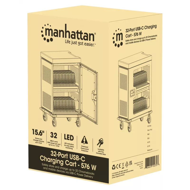 Manhattan iPad kuni 13 tolli, MacBook Air kuni 15 tolli ja Chromebook 15,6 tolli 32 pesaga laadimiskäru/-vanker USB-C kaudu, ka muud tahvelarvutid/nutitelefonid (seadme ja USB-C kaabliga), pesad 404x27,6x283 mm, seadme laadimiskaablid ei kuulu komplekti (soovitatav USB-C kaabel 354868), kapp