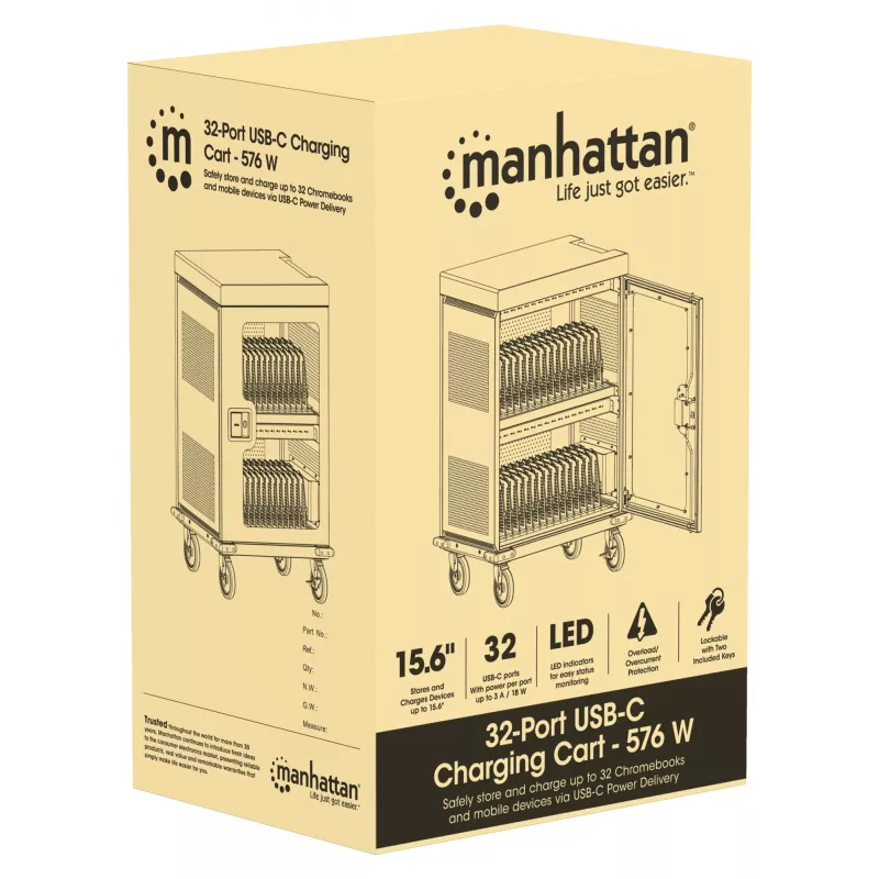 Manhattan iPad kuni 13 tolli, MacBook Air kuni 15 tolli ja Chromebook 15,6 tolli 32 pesaga laadimiskäru/-vanker USB-C kaudu, ka muud tahvelarvutid/nutitelefonid (seadme ja USB-C kaabliga), pesad 404x27,6x283 mm, seadme laadimiskaablid ei kuulu komplekti (soovitatav USB-C kaabel 354868), kapp