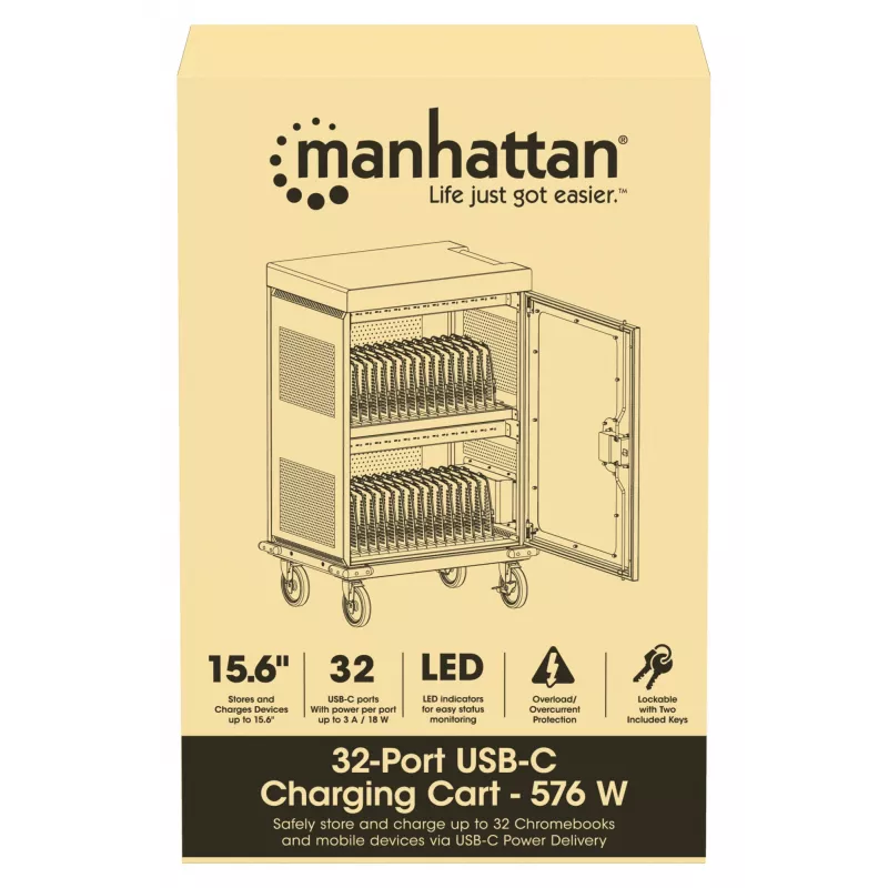 Manhattan iPad kuni 13 tolli, MacBook Air kuni 15 tolli ja Chromebook 15,6 tolli 32 pesaga laadimiskäru/-vanker USB-C kaudu, ka muud tahvelarvutid/nutitelefonid (seadme ja USB-C kaabliga), pesad 404x27,6x283 mm, seadme laadimiskaablid ei kuulu komplekti (soovitatav USB-C kaabel 354868), kapp