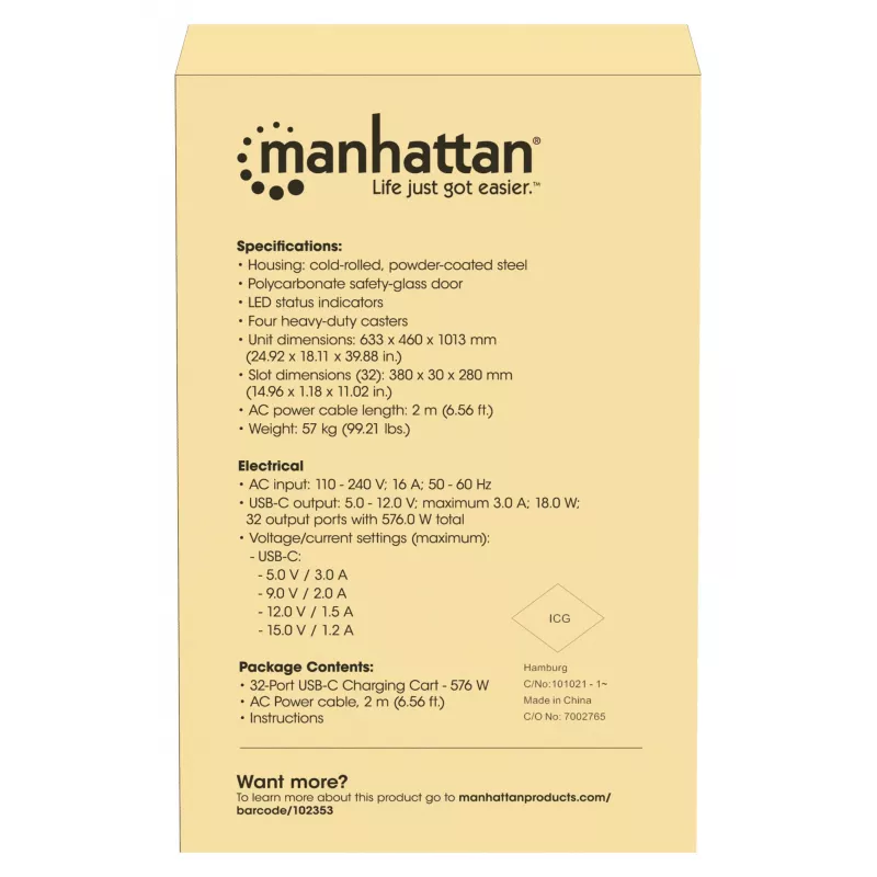 Manhattan iPad kuni 13 tolli, MacBook Air kuni 15 tolli ja Chromebook 15,6 tolli 32 pesaga laadimiskäru/-vanker USB-C kaudu, ka muud tahvelarvutid/nutitelefonid (seadme ja USB-C kaabliga), pesad 404x27,6x283 mm, seadme laadimiskaablid ei kuulu komplekti (soovitatav USB-C kaabel 354868), kapp