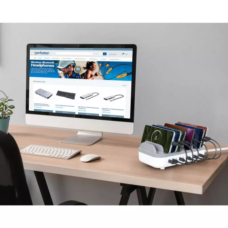 Manhattan 10-pordiline USB-C laadimisjaam, USB-C väljund: 10x 20 W, max 200 W, vahelduvvoolutoide (sh USA/EL/Ühendkuningriigi adapterid)