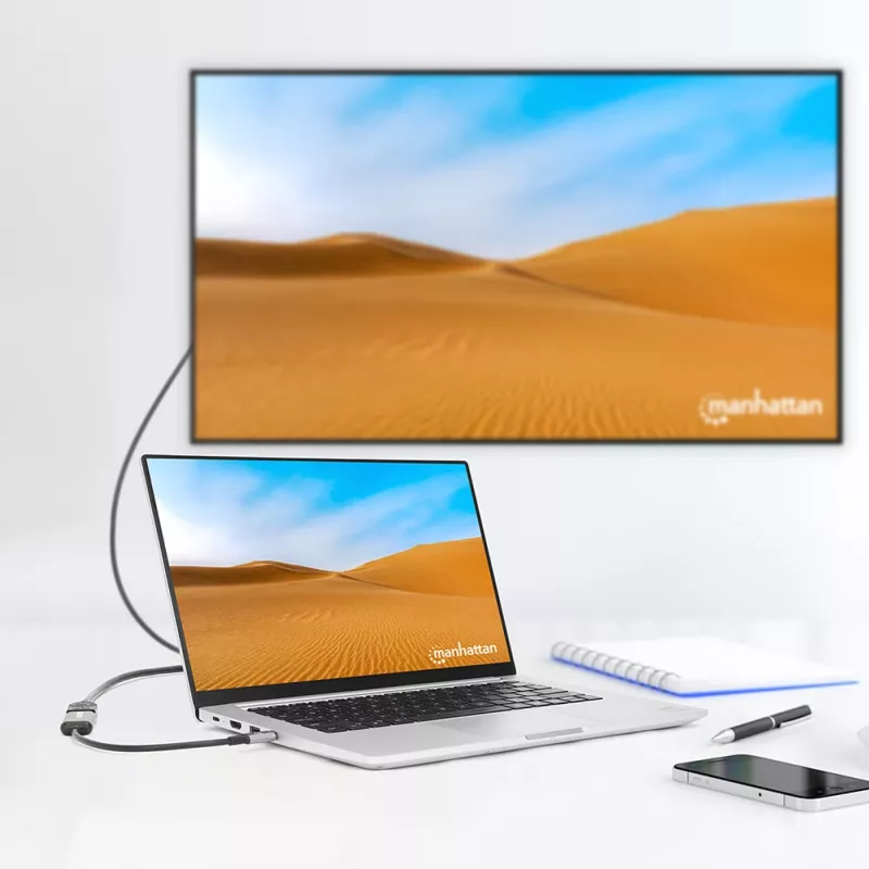 Manhattan USB-C to HDMI kaabel, 4K@60Hz, 5 Gbps (USB 3.2 Gen1 aka USB 3.0), 15 cm, must, isane-emane, kolme aasta garantii