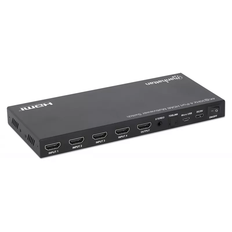 Manhattan 4K 4-pordiline HDMI-multivaaturi lüliti, lüliti nelja sisendiga ühel kuval, 4k@30Hz, mitu vaatamisvalikut, sh pilt-pildis ja kahe-/neljaekraaniline, nupp- või kaugjuhtimine, 3,5 mm ja Toslink heli, must, 3-aastane garantii