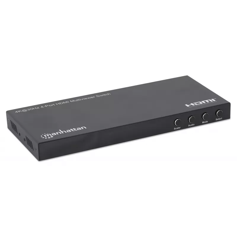 Manhattan 4K 4-pordiline HDMI-multivaaturi lüliti, lüliti nelja sisendiga ühel kuval, 4k@30Hz, mitu vaatamisvalikut, sh pilt-pildis ja kahe-/neljaekraaniline, nupp- või kaugjuhtimine, 3,5 mm ja Toslink heli, must, 3-aastane garantii