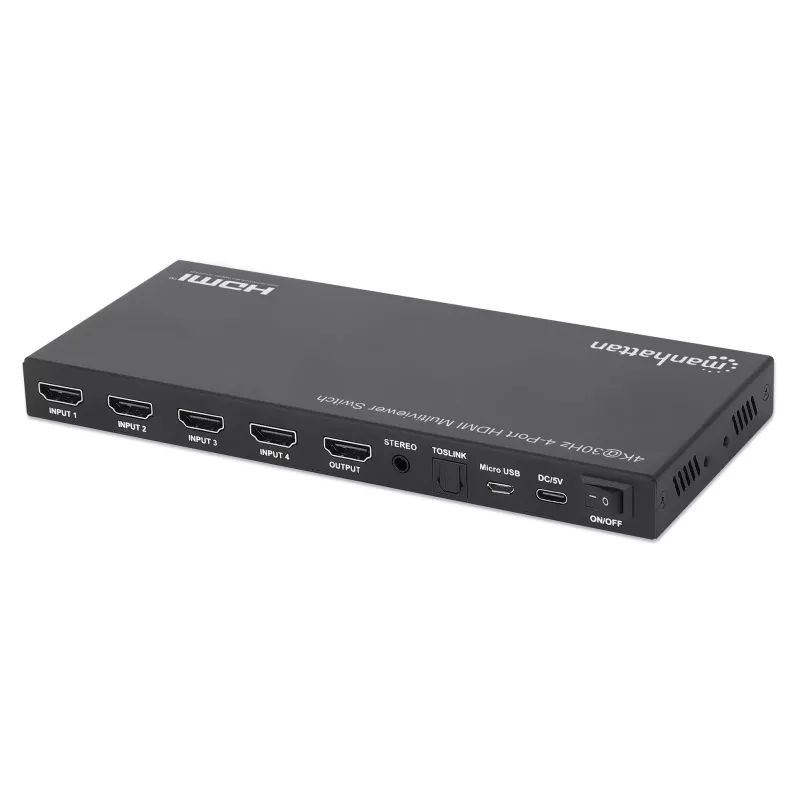 Manhattan 4K 4-pordiline HDMI-multivaaturi lüliti, lüliti nelja sisendiga ühel kuval, 4k@30Hz, mitu vaatamisvalikut, sh pilt-pildis ja kahe-/neljaekraaniline, nupp- või kaugjuhtimine, 3,5 mm ja Toslink heli, must, 3-aastane garantii