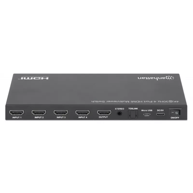 Manhattan 4K 4-pordiline HDMI-multivaaturi lüliti, lüliti nelja sisendiga ühel kuval, 4k@30Hz, mitu vaatamisvalikut, sh pilt-pildis ja kahe-/neljaekraaniline, nupp- või kaugjuhtimine, 3,5 mm ja Toslink heli, must, 3-aastane garantii