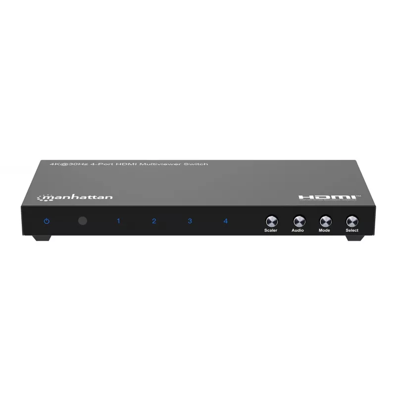 Manhattan 4K 4-pordiline HDMI-multivaaturi lüliti, lüliti nelja sisendiga ühel kuval, 4k@30Hz, mitu vaatamisvalikut, sh pilt-pildis ja kahe-/neljaekraaniline, nupp- või kaugjuhtimine, 3,5 mm ja Toslink heli, must, 3-aastane garantii
