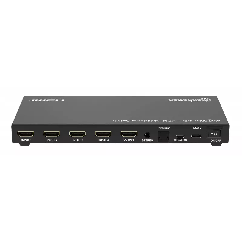 Manhattan 4K 4-pordiline HDMI-multivaaturi lüliti, lüliti nelja sisendiga ühel kuval, 4k@30Hz, mitu vaatamisvalikut, sh pilt-pildis ja kahe-/neljaekraaniline, nupp- või kaugjuhtimine, 3,5 mm ja Toslink heli, must, 3-aastane garantii