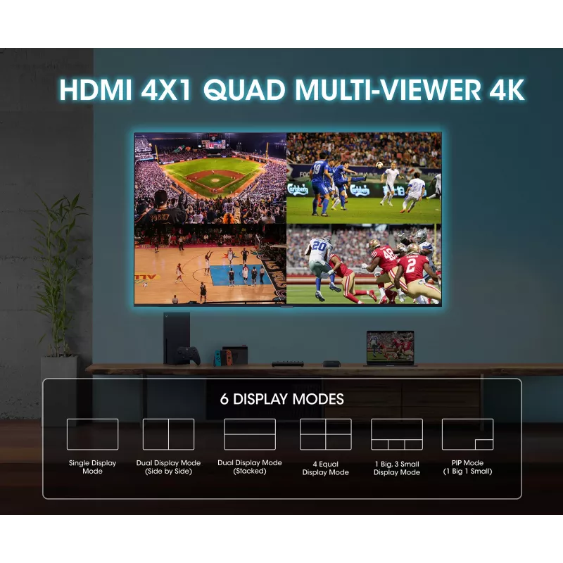 Manhattan 4K 4-pordiline HDMI-multivaaturi lüliti, lüliti nelja sisendiga ühel kuval, 4k@30Hz, mitu vaatamisvalikut, sh pilt-pildis ja kahe-/neljaekraaniline, nupp- või kaugjuhtimine, 3,5 mm ja Toslink heli, must, 3-aastane garantii