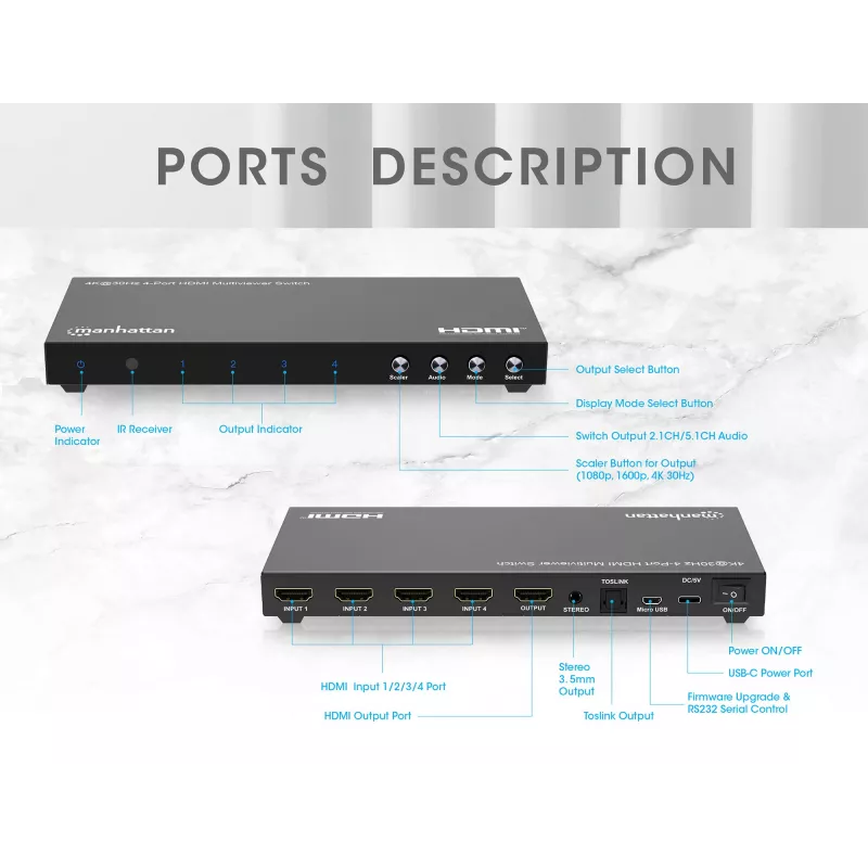 Manhattan 4K 4-pordiline HDMI-multivaaturi lüliti, lüliti nelja sisendiga ühel kuval, 4k@30Hz, mitu vaatamisvalikut, sh pilt-pildis ja kahe-/neljaekraaniline, nupp- või kaugjuhtimine, 3,5 mm ja Toslink heli, must, 3-aastane garantii