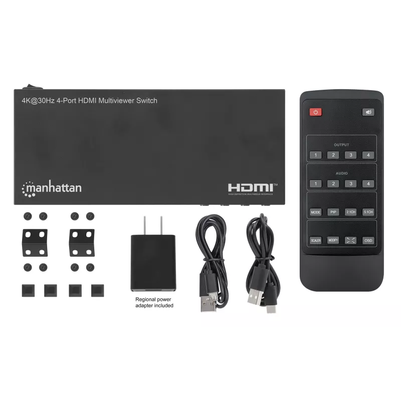 Manhattan 4K 4-pordiline HDMI-multivaaturi lüliti, lüliti nelja sisendiga ühel kuval, 4k@30Hz, mitu vaatamisvalikut, sh pilt-pildis ja kahe-/neljaekraaniline, nupp- või kaugjuhtimine, 3,5 mm ja Toslink heli, must, 3-aastane garantii