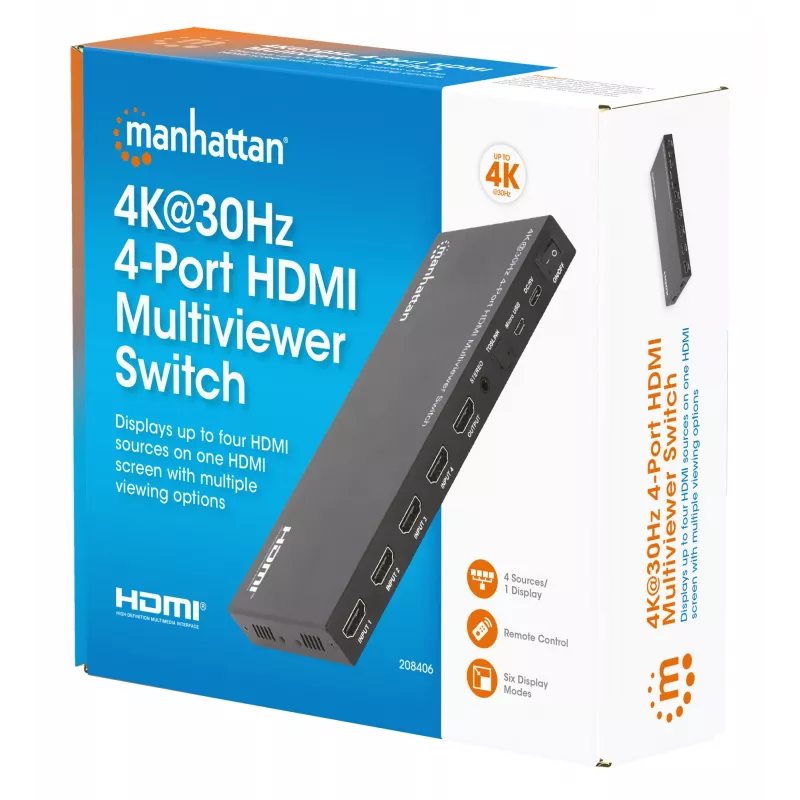 Manhattan 4K 4-pordiline HDMI-multivaaturi lüliti, lüliti nelja sisendiga ühel kuval, 4k@30Hz, mitu vaatamisvalikut, sh pilt-pildis ja kahe-/neljaekraaniline, nupp- või kaugjuhtimine, 3,5 mm ja Toslink heli, must, 3-aastane garantii