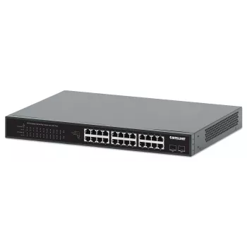 Intellinet 24-pordiline Gigabit Ethernet PoE+ lüliti 2 SFP pordiga IEEE 802.3at/af (PoE+/PoE) ühilduv, PoE eelarve 370 W, kaks 1G SFP avatud pesa, 19-tolline riiulikinnitus
