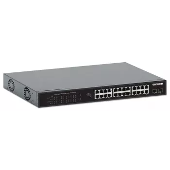 Intellinet 24-pordiline Gigabit Ethernet PoE+ lüliti 2 SFP pordiga IEEE 802.3at/af (PoE+/PoE) ühilduv, PoE eelarve 370 W, kaks 1G SFP avatud pesa, 19-tolline riiulikinnitus