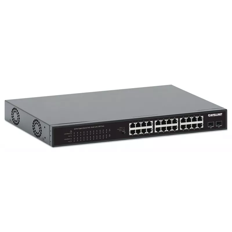 Intellinet 24-pordiline Gigabit Ethernet PoE+ lüliti 2 SFP pordiga IEEE 802.3at/af (PoE+/PoE) ühilduv, PoE eelarve 370 W, kaks 1G SFP avatud pesa, 19-tolline riiulikinnitus