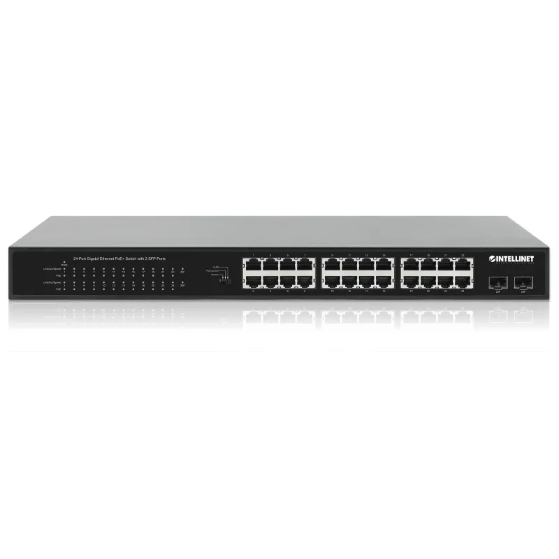 Intellinet 24-pordiline Gigabit Ethernet PoE+ lüliti 2 SFP pordiga IEEE 802.3at/af (PoE+/PoE) ühilduv, PoE eelarve 370 W, kaks 1G SFP avatud pesa, 19-tolline riiulikinnitus