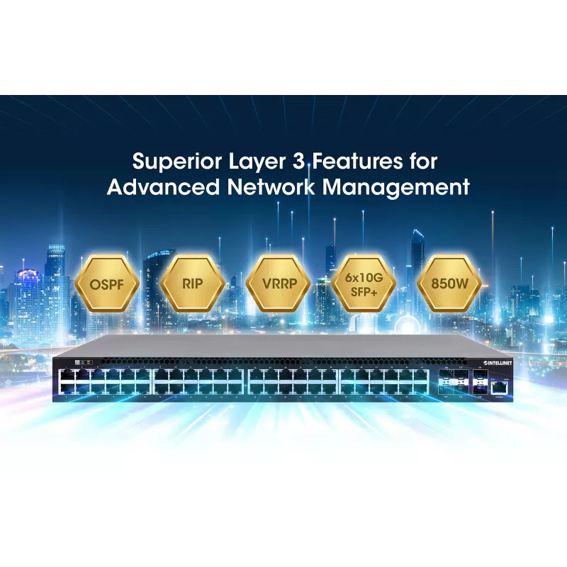 Intellinet 54-pordine L3 täielikult hallatav PoE+ lüliti 48 gigabitise Etherneti pordi ja 6 SFP+ üleslingiga