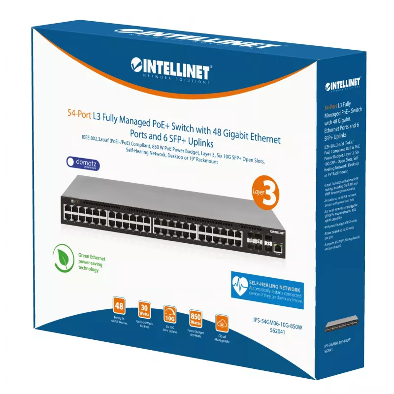 Intellinet 54-pordine L3 täielikult hallatav PoE+ lüliti 48 gigabitise Etherneti pordi ja 6 SFP+ üleslingiga