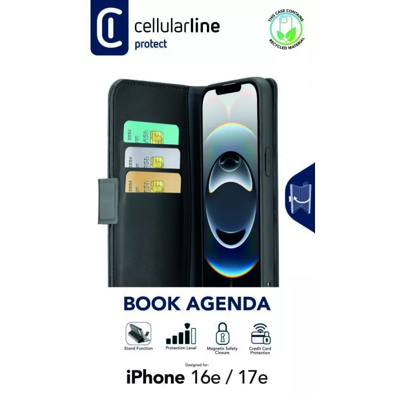 Cellularline Book Agenda - iPhone 16e/17e nahkeffektiga raamatustiilis ümbris magnetkinnitusega