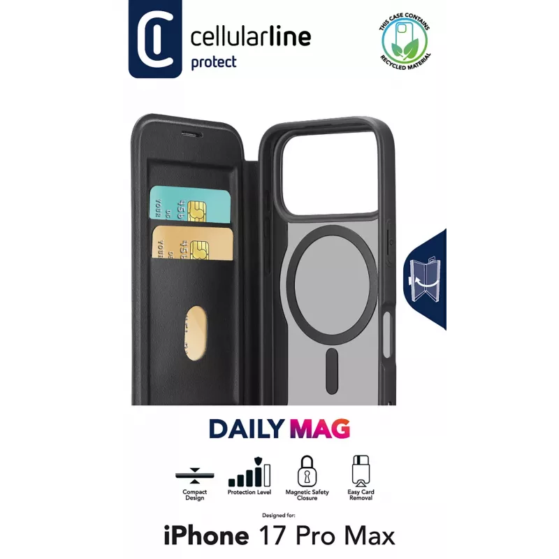 Cellularline Daily Mag - iPhone 17 Pro Max raamaturiiul kaas koos poolläbipaistva kõva tagaküljega, ühildub Magsafe® ökosüsteemiga